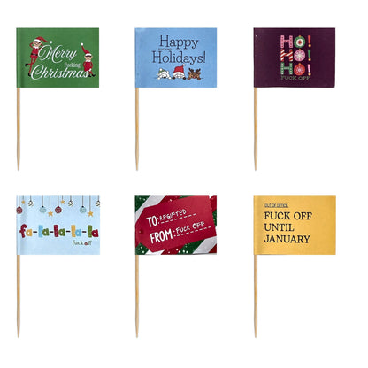All six 12 Days of Fuck Off holiday toothpick flag designs