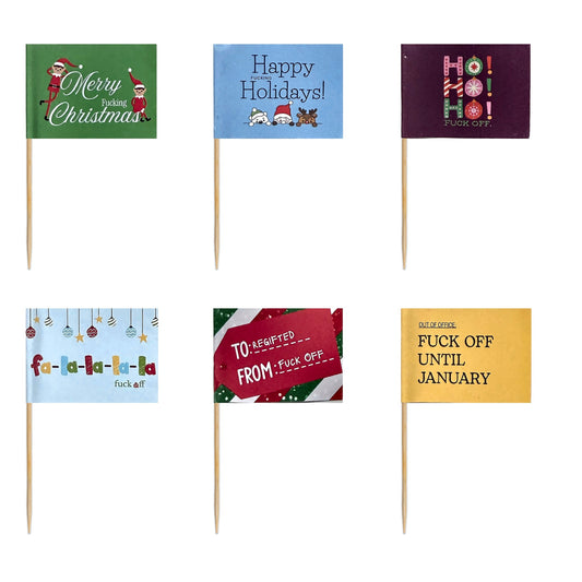 All six 12 Days of Fuck Off holiday toothpick flag designs